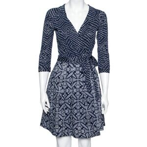 Diane von Furstenberg Jewel Print Navy Blue Wrap Dress Size 4 NWOT